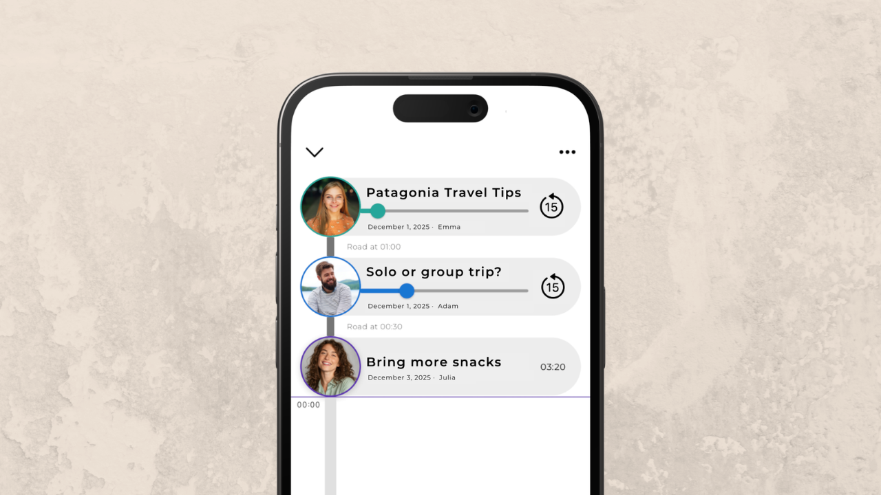 Roads Audio app screen showing a conversation channel with multiple voice messages from different users, each with profile photos and timestamps