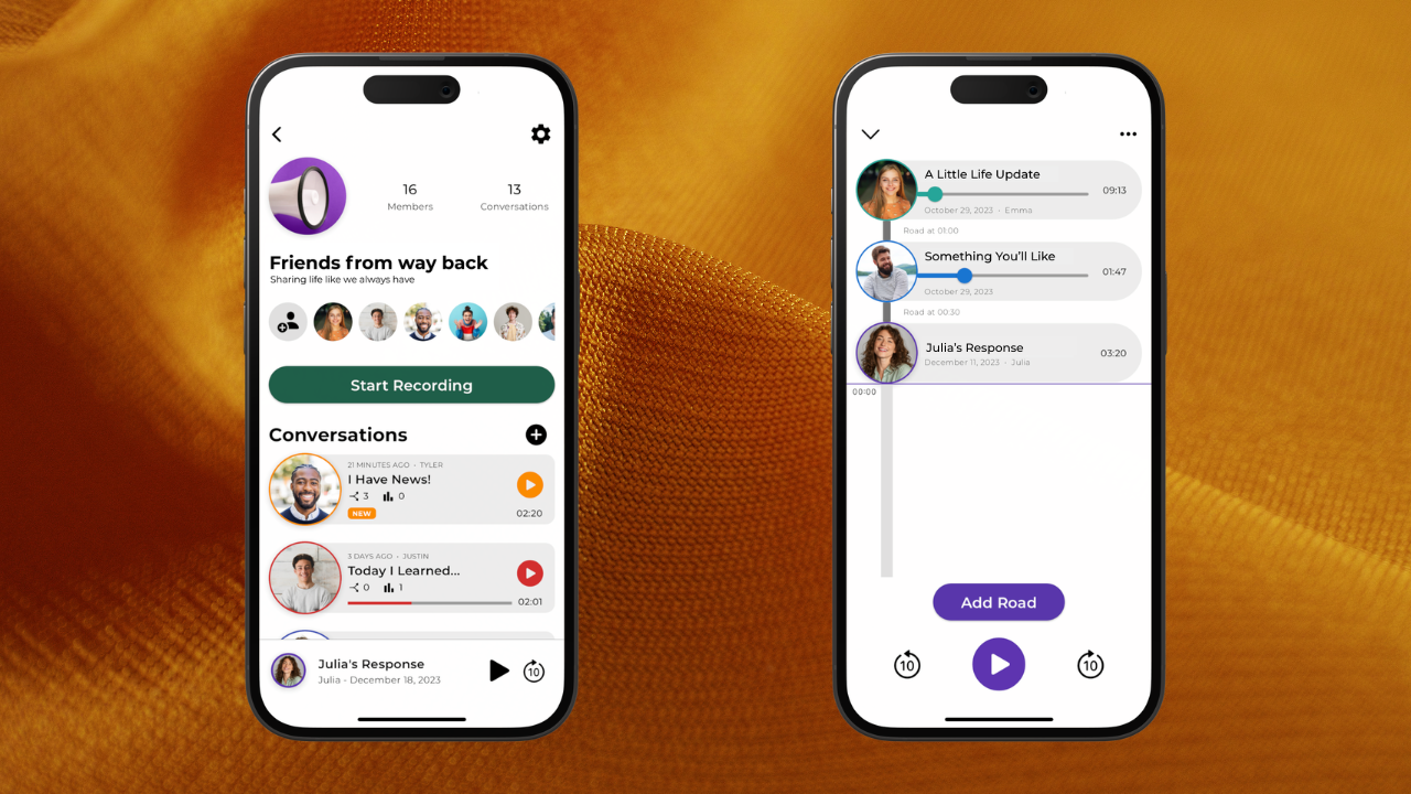 Roads Audio app showing a private channel with multiple voice messages