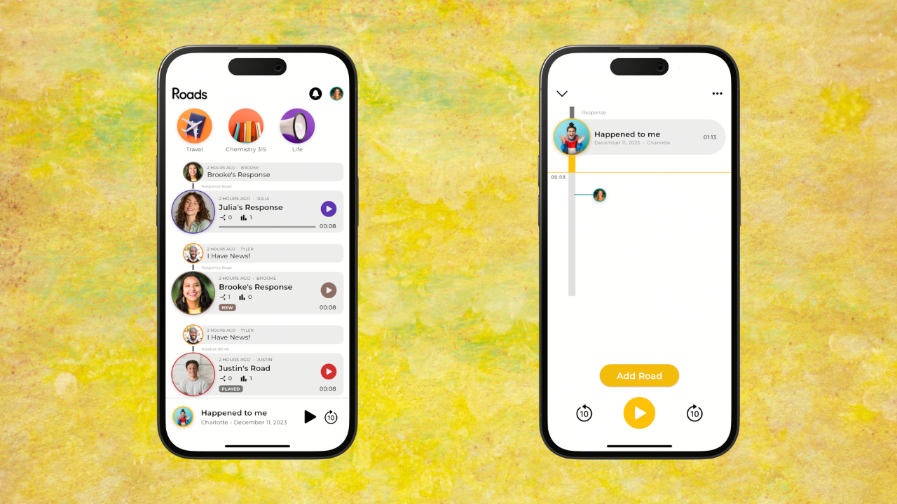 Roads Audio app showing a channel timeline with multiple voice messages and threaded replies