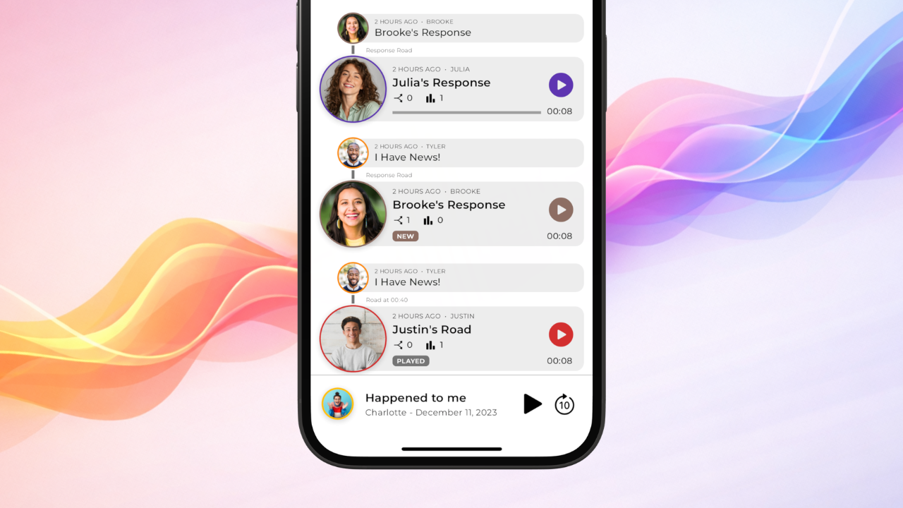 Roads Audio Android app interface showing voice messages with playback controls