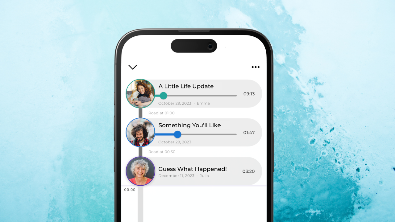 Roads Audio app showing a family channel with voice messages from different family members