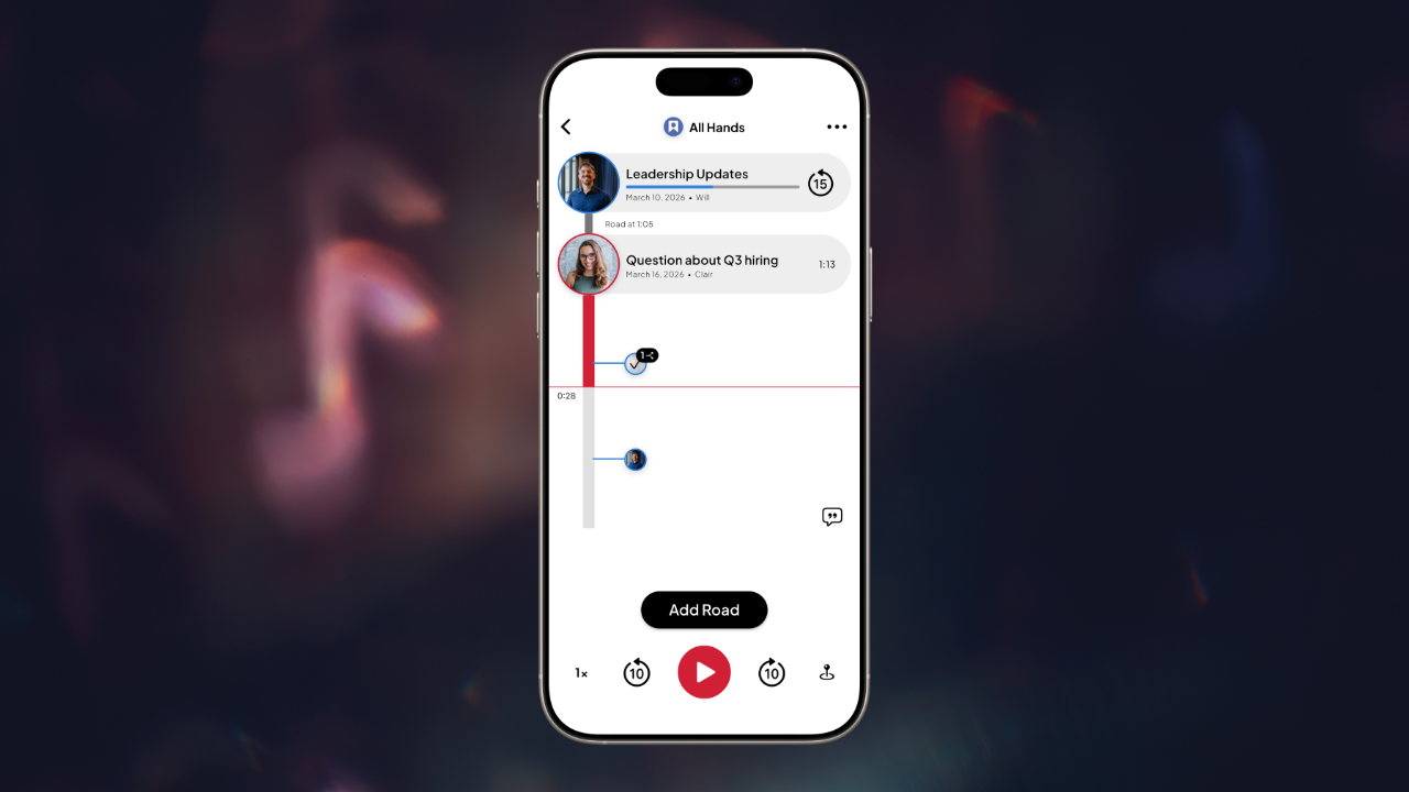 Roads Audio app showing a company announcements channel with voice messages from leadership