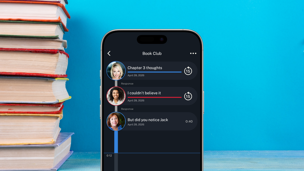 Roads Audio app showing a book club channel with voice discussions about chapters