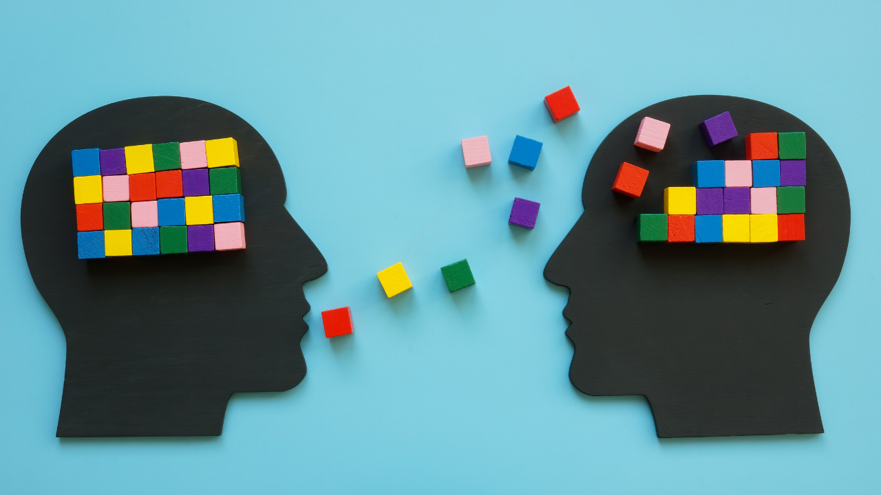 Abstract image of two outlined heads representing a mentor and mentee, where the mentor is sharing blocks of knowledge with the mentee.
