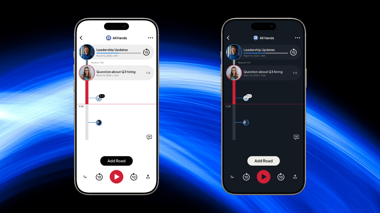 Side by side comparison of a bright white app interface next to a dark mode interface