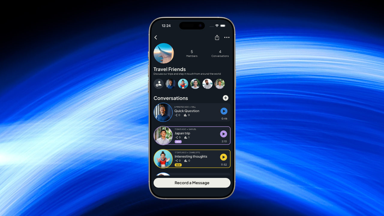 Roads Audio app interface in dark mode showing a channel with voice messages