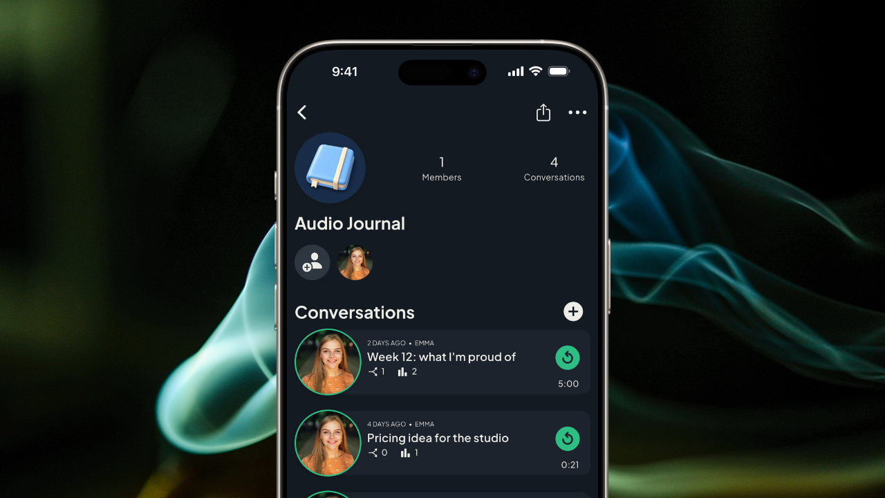 Roads Audio app in dark mode showing a private Audio Journal channel with four titled voice entries, including 'Pricing idea for the studio'