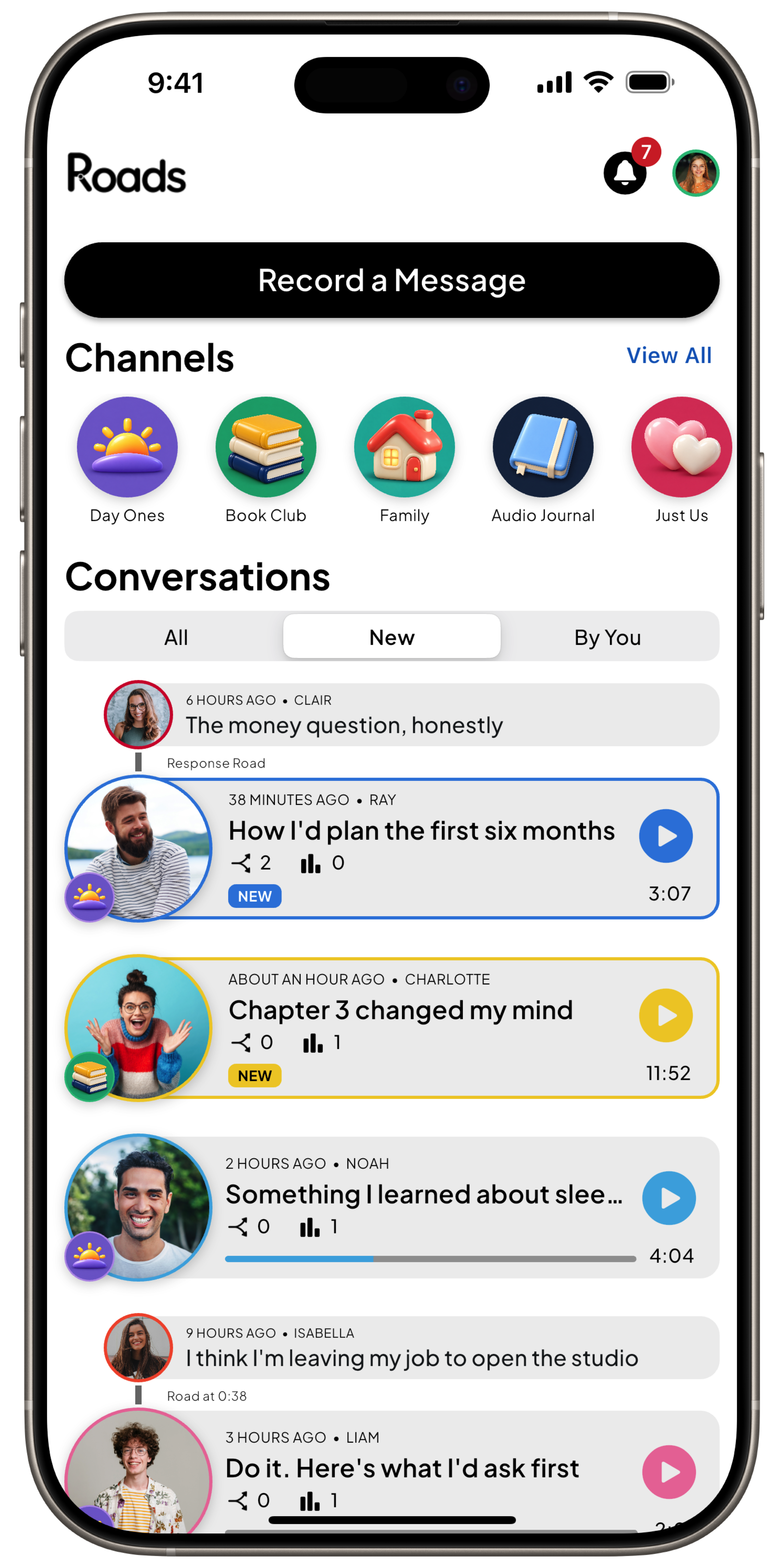 Roads app home screen listing five channels and new conversations from friends.