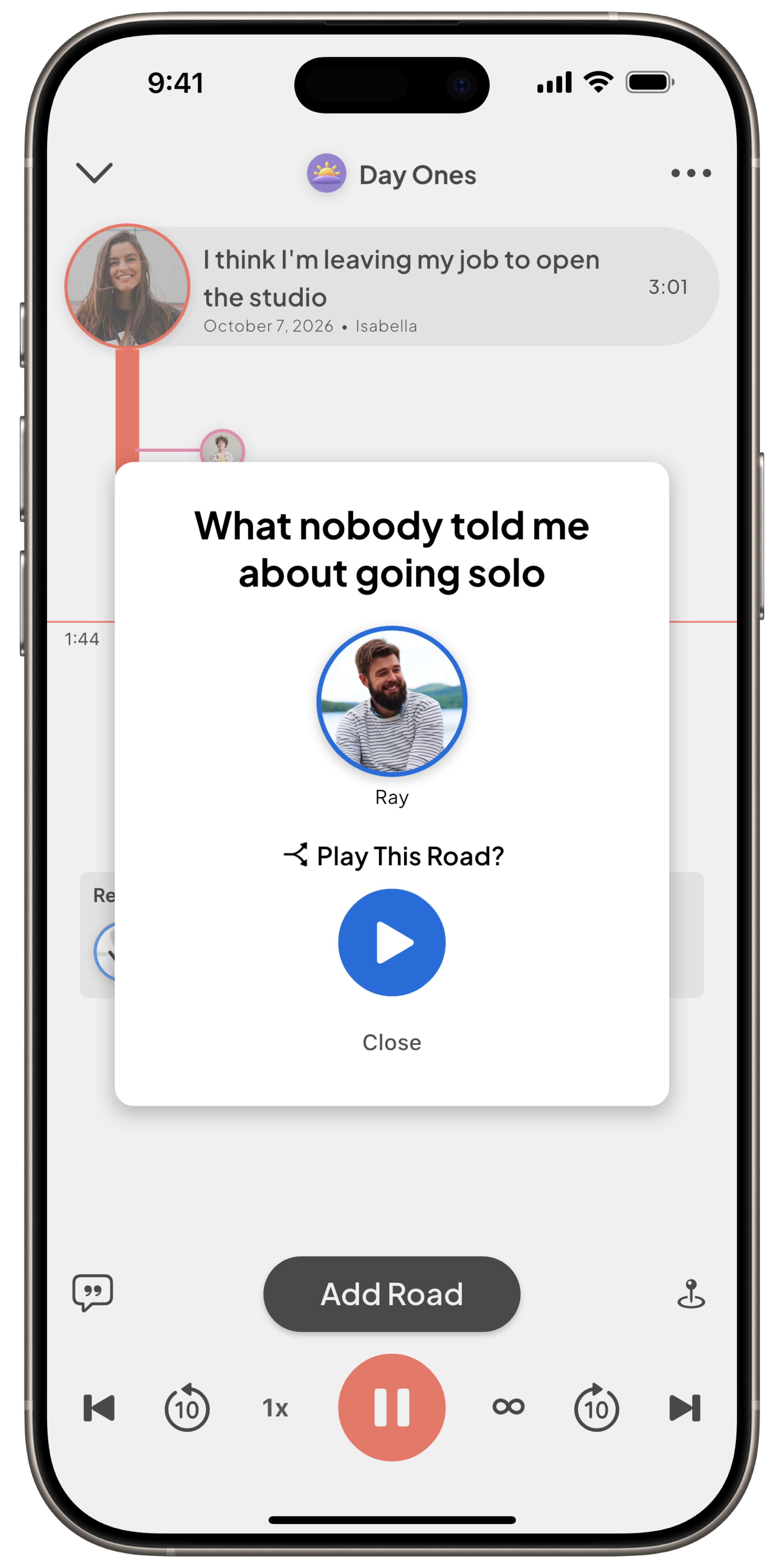 Roads app asking 'Play This Road?' for Ray's reply, 'What nobody told me about going solo', at a specific moment in a voice memo.