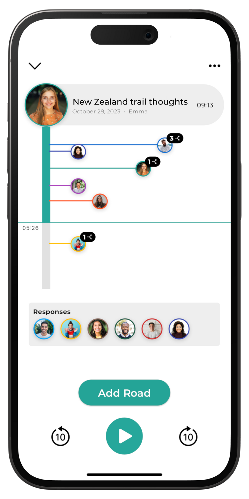 Screenshot of Roads app showing the main player with several comments.