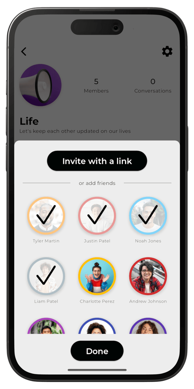 Screenshot of Roads app showing how to select friends to add to a channel.